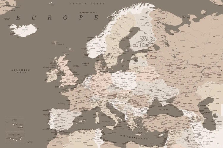 Detailed Map Of Europe In Brown Tones