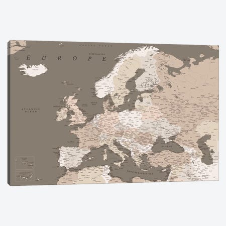 Detailed Map Of Europe In Brown Tones Canvas Print #RLZ315} by blursbyai Canvas Art