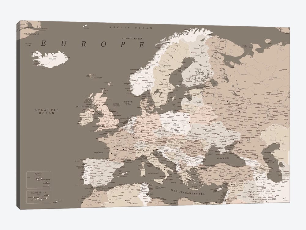 Detailed Map Of Europe In Brown Tones by blursbyai 1-piece Canvas Art