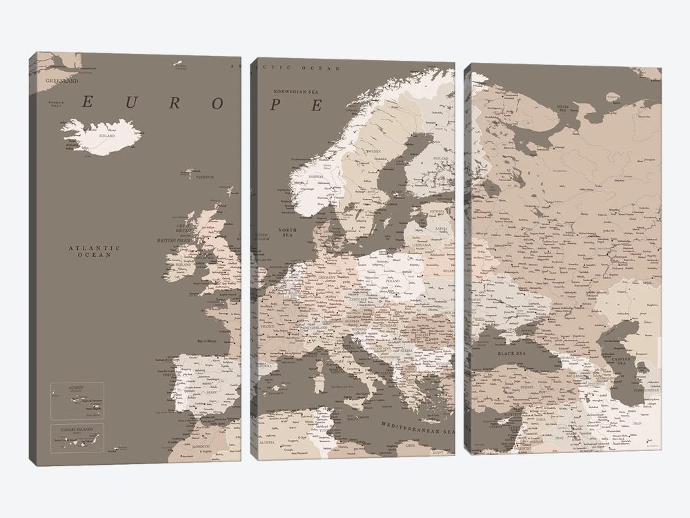 Detailed Map Of Europe In Brown Tones by blursbyai 3-piece Canvas Art