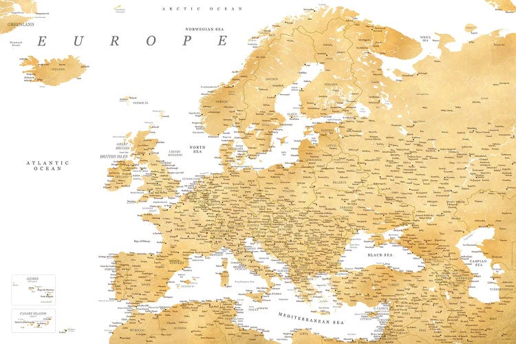 Detailed Map Of Europe In Gold Ochre by blursbyai wall art