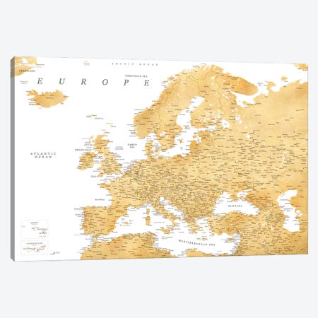 Detailed Map Of Europe In Gold Ochre Canvas Print #RLZ316} by blursbyai Canvas Art