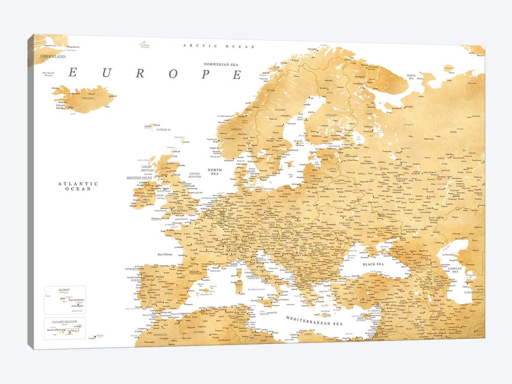 Detailed Map Of Europe In Gold Ochre by blursbyai 1-piece Canvas Art Print