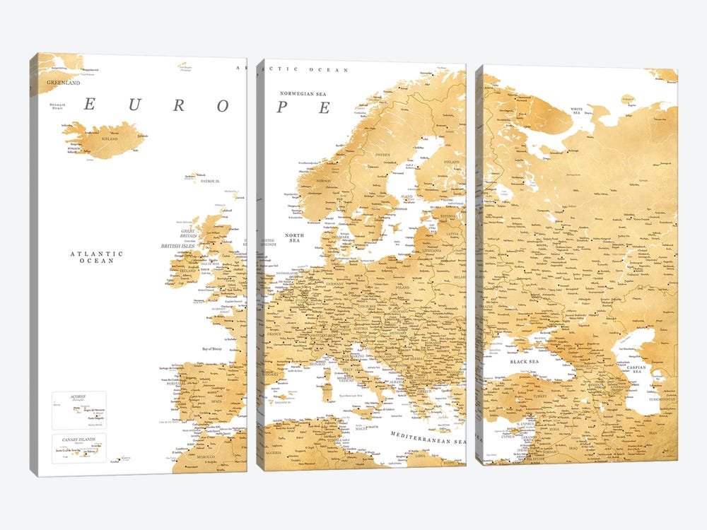 Detailed Map Of Europe In Gold Ochre by blursbyai 3-piece Art Print