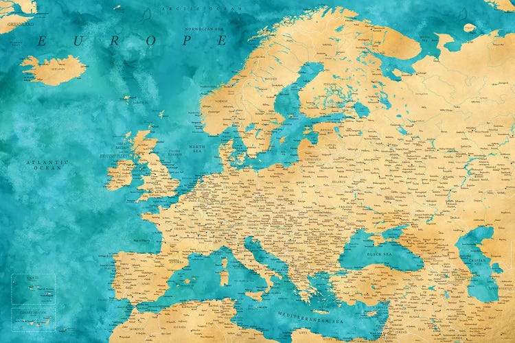 Detailed Map Of Europe In Teal And Gold Ochre