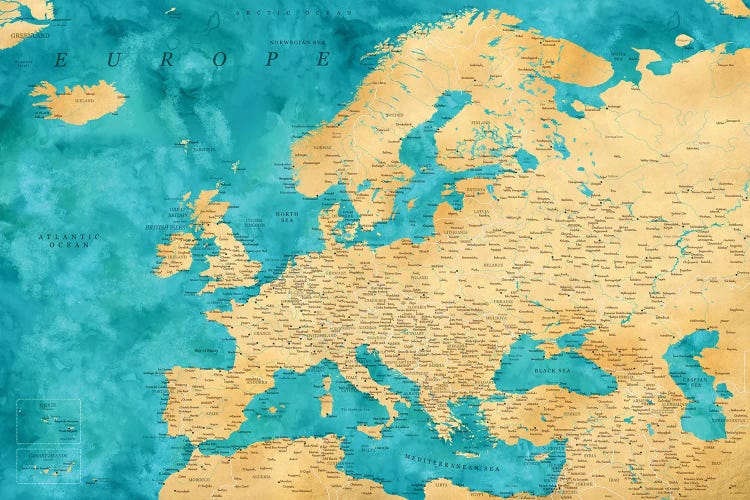 Detailed Map Of Europe In Teal And Gold Ochre by blursbyai wall art