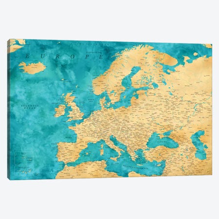 Detailed Map Of Europe In Teal And Gold Ochre Canvas Print #RLZ317} by blursbyai Canvas Art