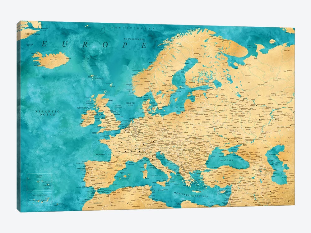 Detailed Map Of Europe In Teal And Gold Ochre by blursbyai 1-piece Canvas Art