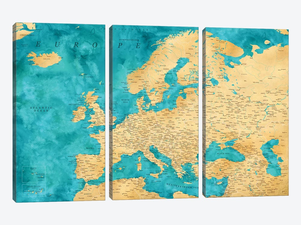 Detailed Map Of Europe In Teal And Gold Ochre by blursbyai 3-piece Canvas Artwork