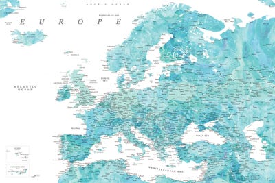 Detailed Map Of Europe In Aquamarine Watercolor by blursbyai art print
