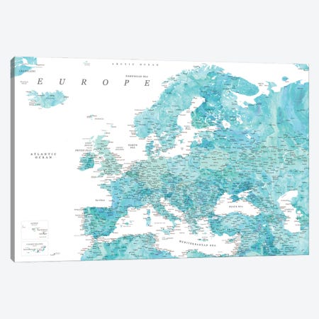 Detailed Map Of Europe In Aquamarine Watercolor Canvas Print #RLZ318} by blursbyai Art Print