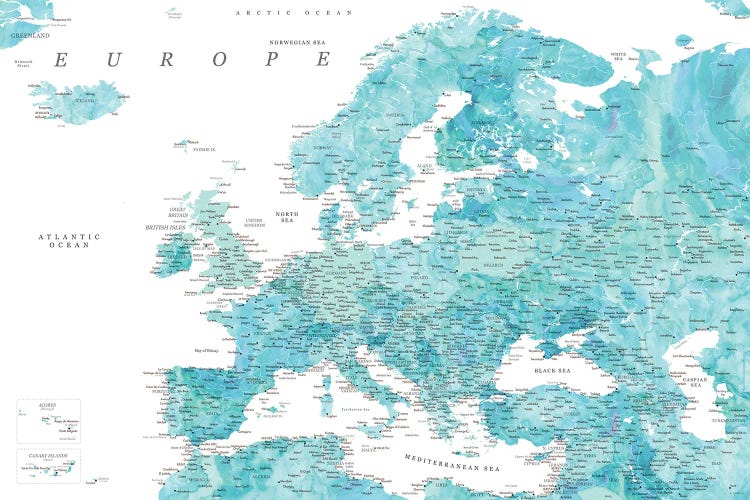 Detailed Map Of Europe In Aquamarine Watercolor