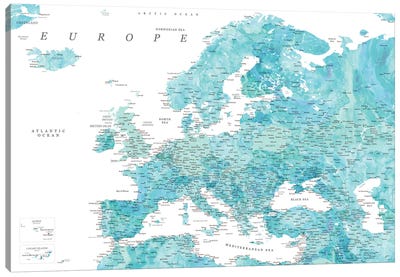 Detailed Map Of Europe In Aquamarine Watercolor Canvas Art Print - blursbyai