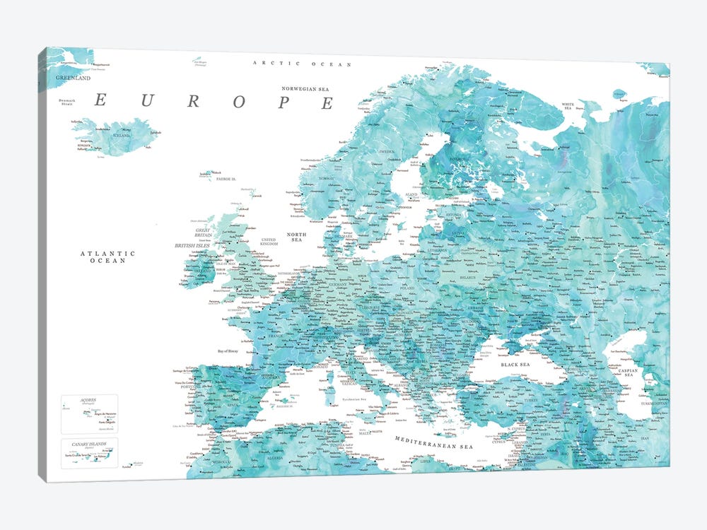 Detailed Map Of Europe In Aquamarine Watercolor by blursbyai 1-piece Art Print