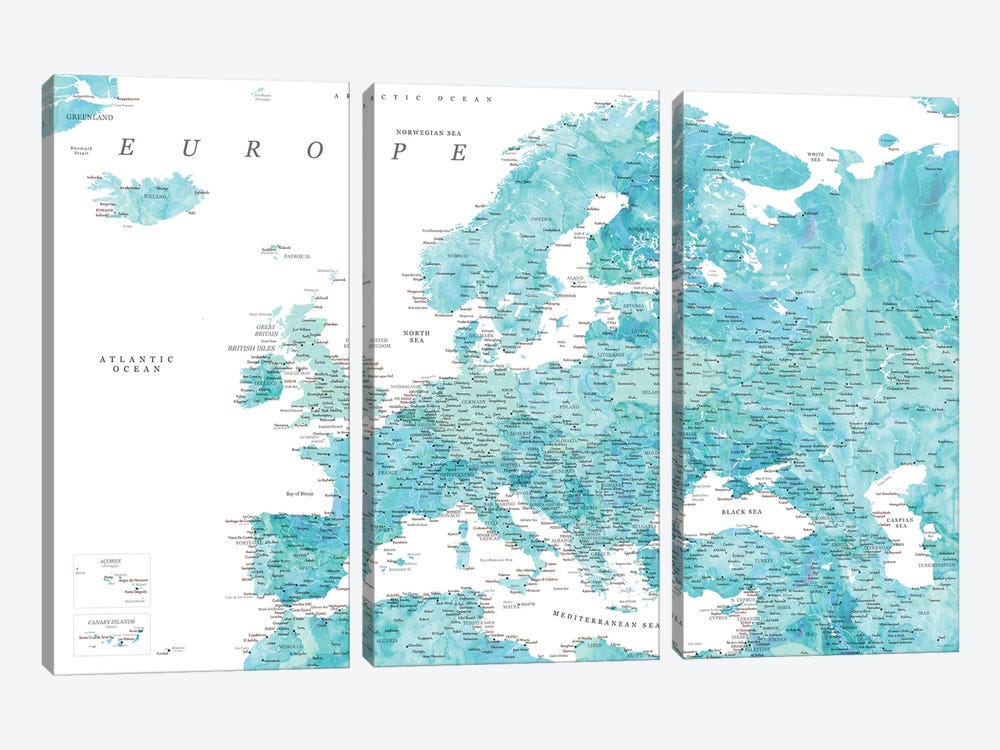 Detailed Map Of Europe In Aquamarine Watercolor by blursbyai 3-piece Art Print