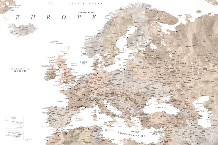 Detailed Map Of Europe In Neutral Watercolor