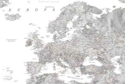 Detailed Map Of Europe In Gray Watercolor by blursbyai art print