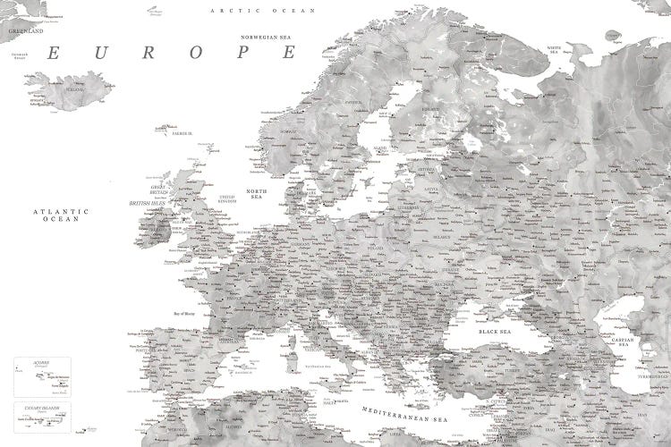 Detailed Map Of Europe In Gray Watercolor