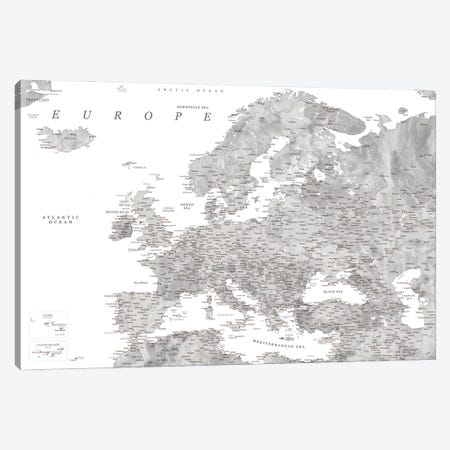 Detailed Map Of Europe In Gray Watercolor Canvas Print #RLZ320} by blursbyai Canvas Art