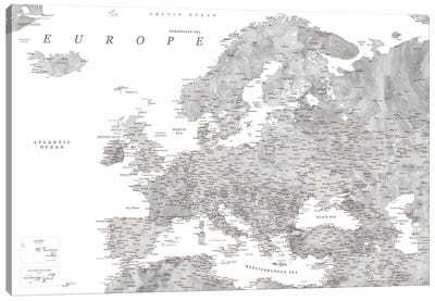 Detailed Map Of Europe In Gray Watercolor Canvas Art Print - blursbyai