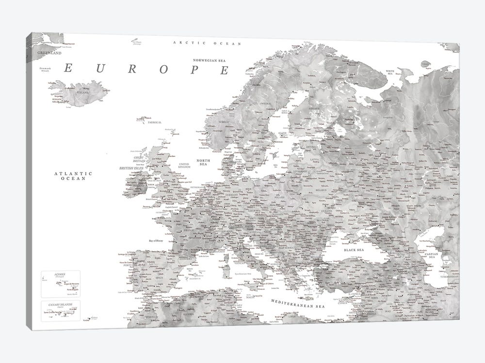 Detailed Map Of Europe In Gray Watercolor by blursbyai 1-piece Canvas Artwork