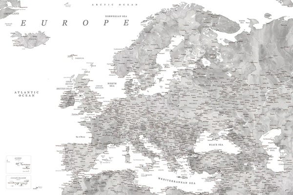 blursbyai: Detailed Map Of Europe In Gray Watercolor by blursbyai