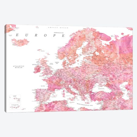 Detailed Map Of Europe In Hot Pink Watercolor Canvas Print #RLZ321} by blursbyai Canvas Artwork