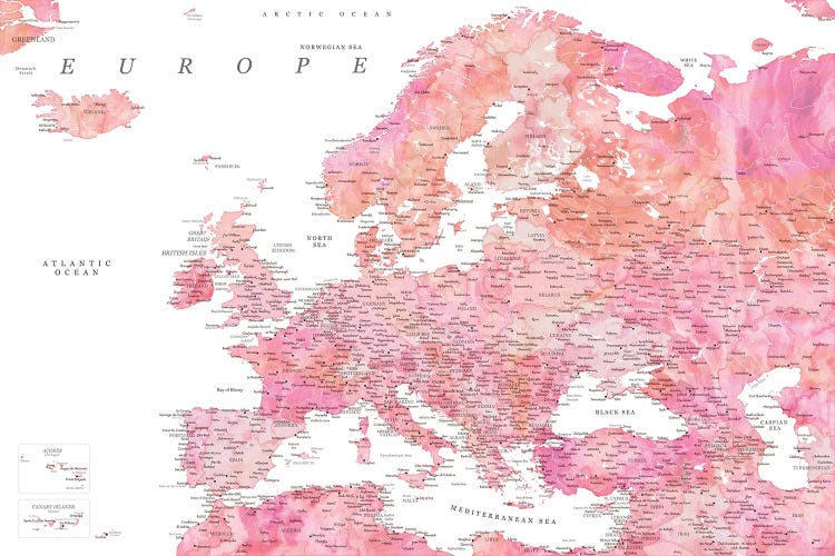 Detailed Map Of Europe In Hot Pink Watercolor