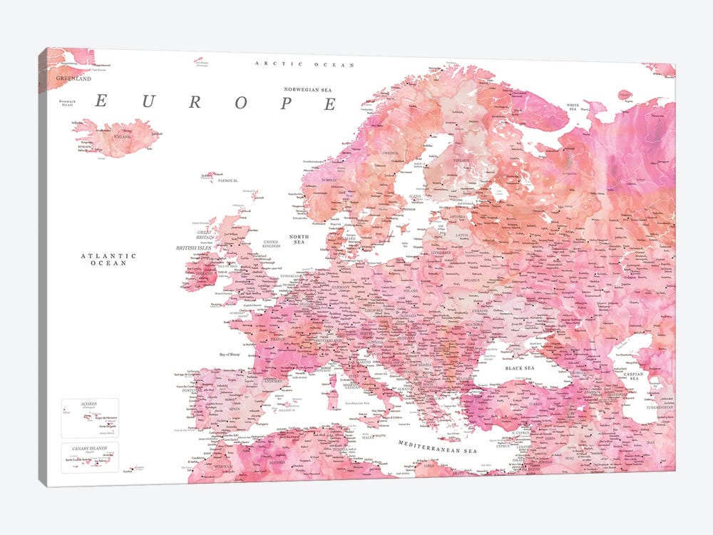 Detailed Map Of Europe In Hot Pink Watercolor by blursbyai 1-piece Canvas Art Print