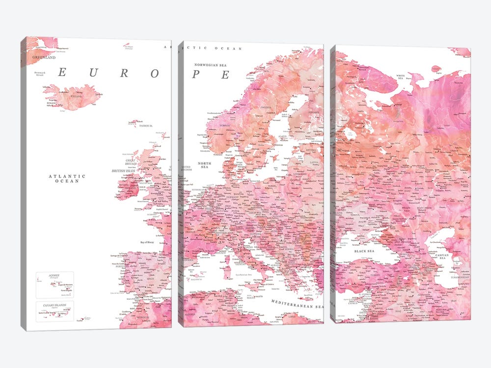 Detailed Map Of Europe In Hot Pink Watercolor by blursbyai 3-piece Art Print