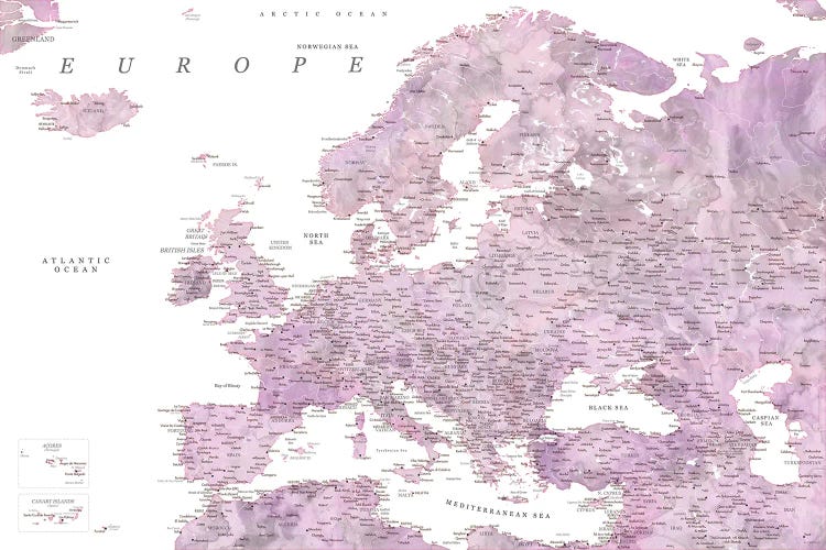 Detailed Map Of Europe In Purple Watercolor