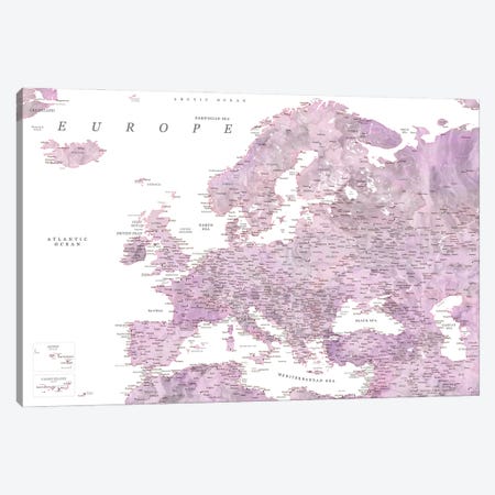 Detailed Map Of Europe In Purple Watercolor Canvas Print #RLZ322} by blursbyai Canvas Wall Art