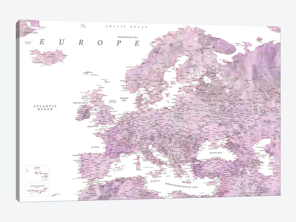 Detailed Map Of Europe In Purple Watercolor by blursbyai 1-piece Canvas Wall Art