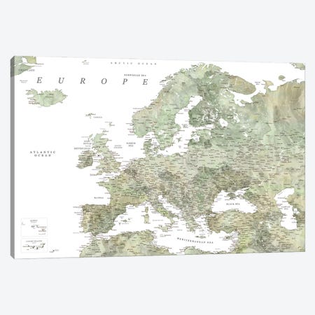 Detailed Map Of Europe In Green Watercolor Canvas Print #RLZ323} by blursbyai Canvas Artwork