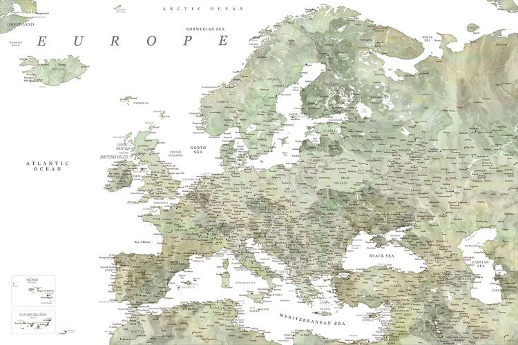 Detailed Map Of Europe In Green Watercolor