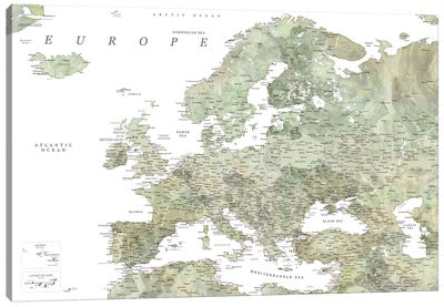 Detailed Map Of Europe In Green Watercolor Canvas Art Print - blursbyai