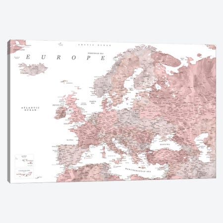 Detailed Map Of Europe In Dusty Pink Watercolor Canvas Print #RLZ324} by blursbyai Art Print