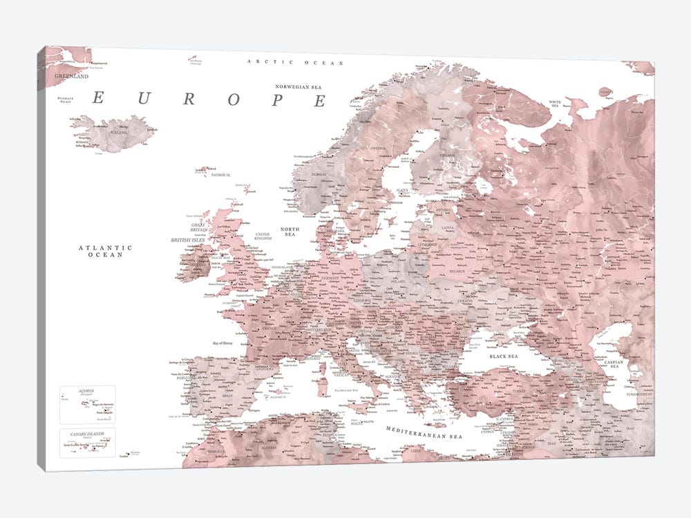 Detailed Map Of Europe In Dusty Pink Watercolor by blursbyai 1-piece Canvas Art