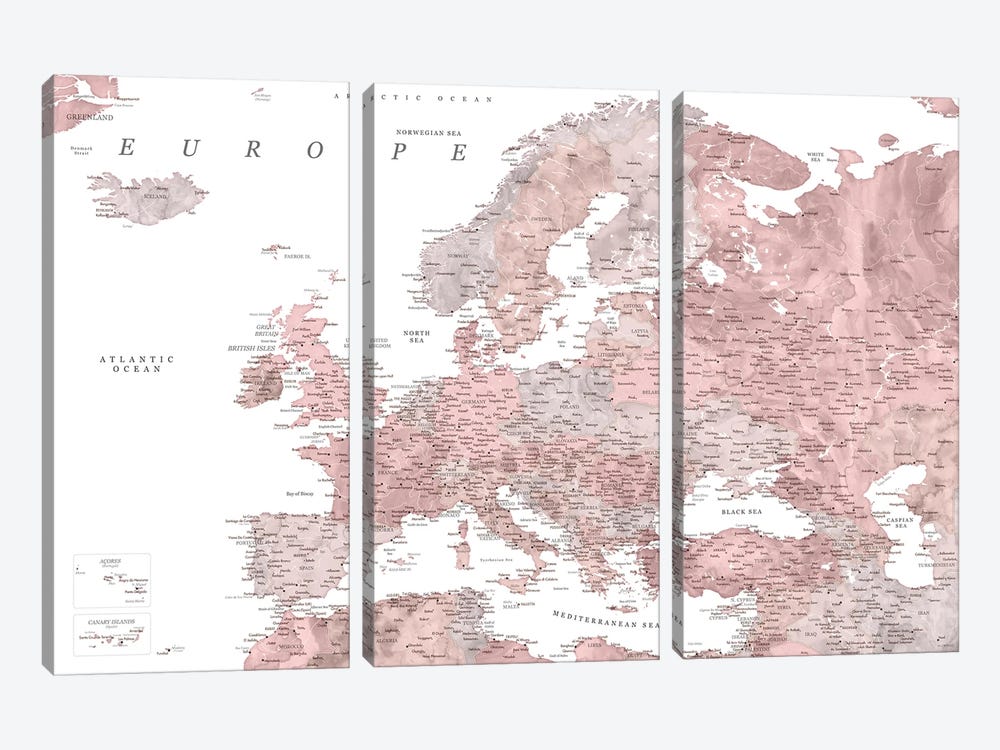 Detailed Map Of Europe In Dusty Pink Watercolor by blursbyai 3-piece Canvas Art