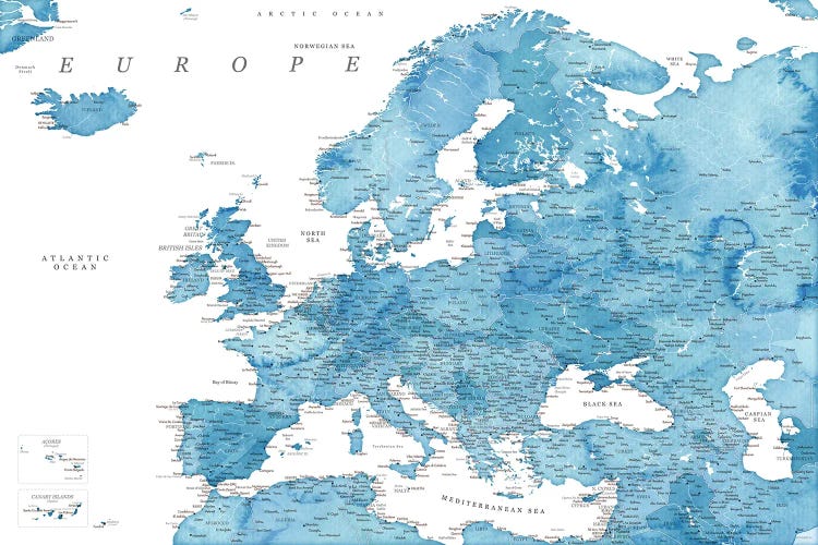 Detailed Map Of Europe In Blue Watercolor