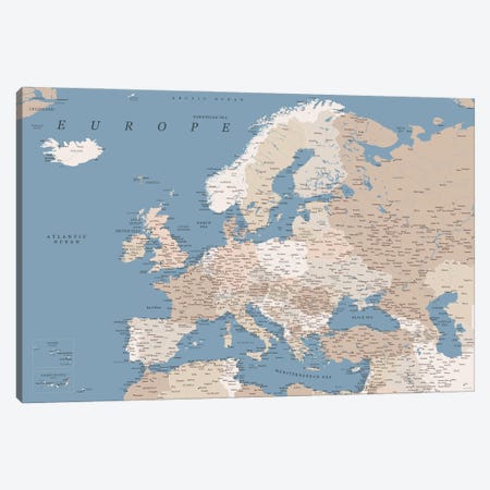 Detailed Map Of Europe In Blue Beige And Brown Watercolor Canvas Print #RLZ326} by blursbyai Art Print