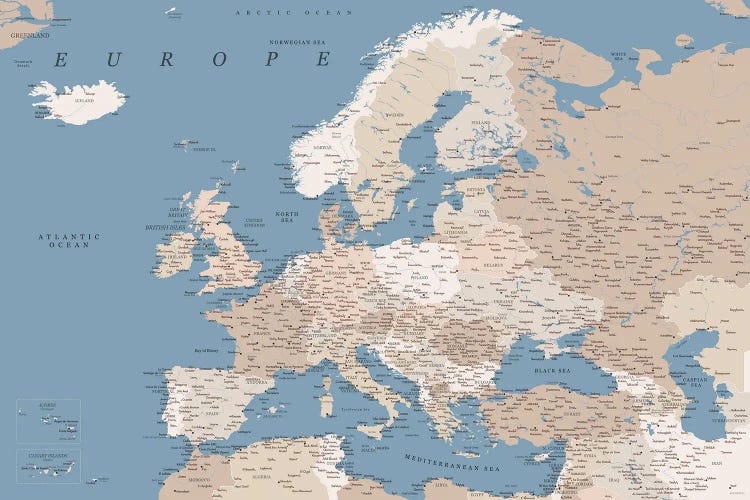 Detailed Map Of Europe In Blue Beige And Brown Watercolor