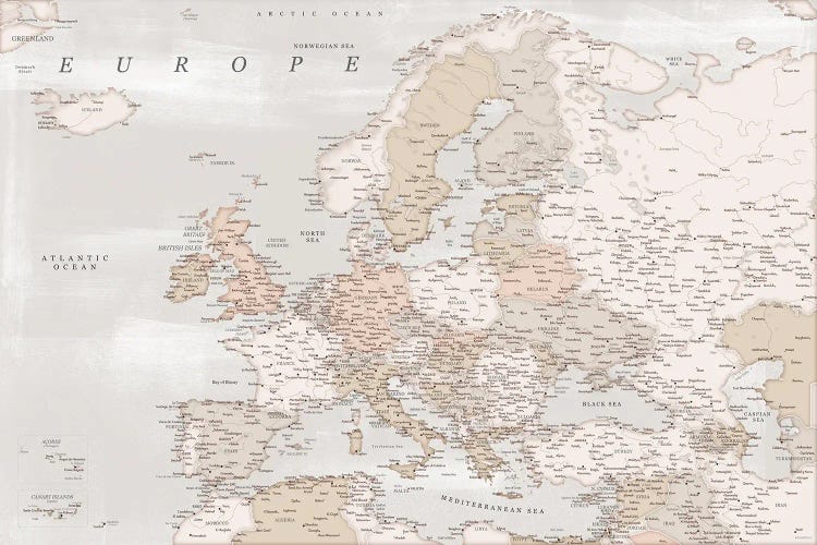 Detailed Map Of Europe In Distressed Brown - Canvas Print | blursbyai