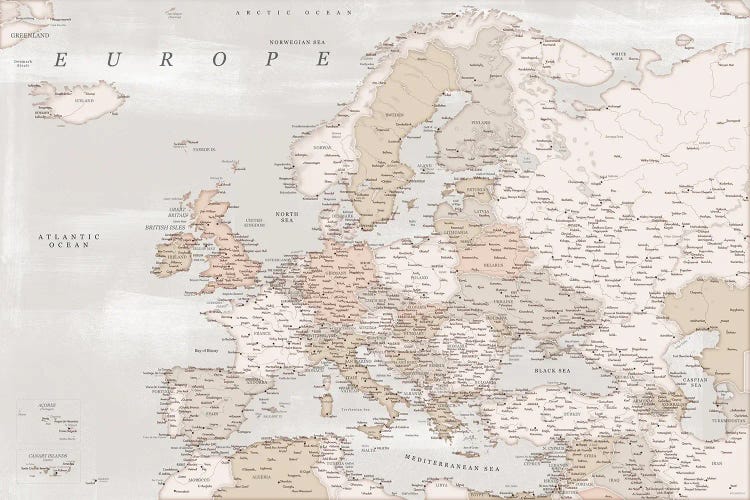 Detailed Map Of Europe In Distressed Brown