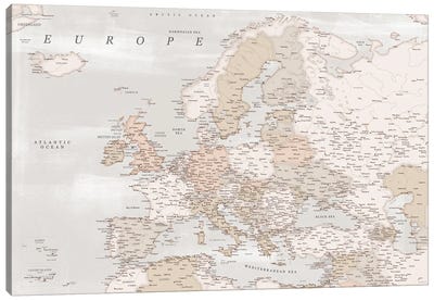 Detailed Map Of Europe In Distressed Brown Canvas Art Print - blursbyai