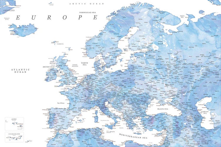 Detailed Europe Map In Blue Watercolor