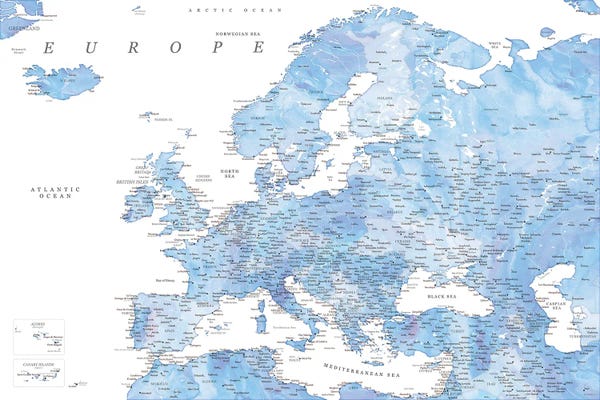 blursbyai: Detailed Europe Map In Blue Watercolor by blursbyai