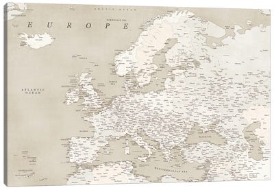 Detailed Europe Map In Vintage Sepia Canvas Art Print - blursbyai