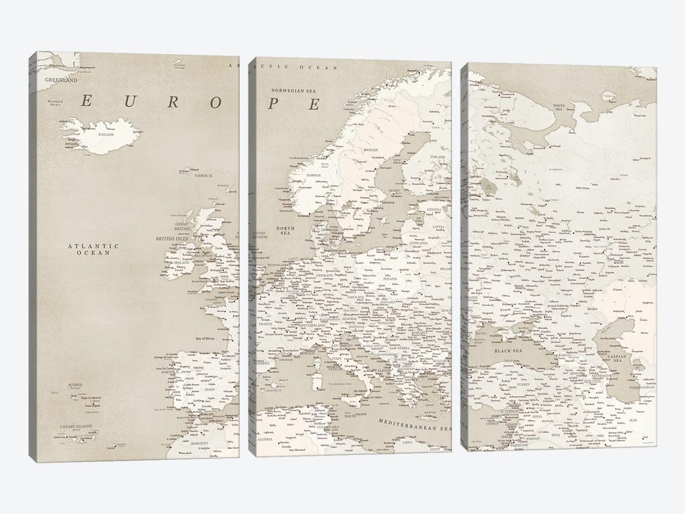 Detailed Europe Map In Vintage Sepia by blursbyai 3-piece Art Print