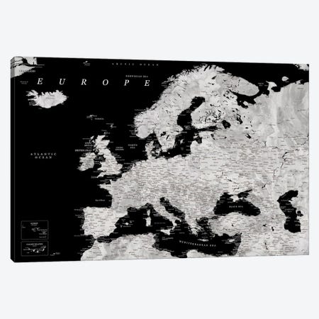 Detailed Europe Map In Black And Grey Watercolor Canvas Print #RLZ331} by blursbyai Canvas Print